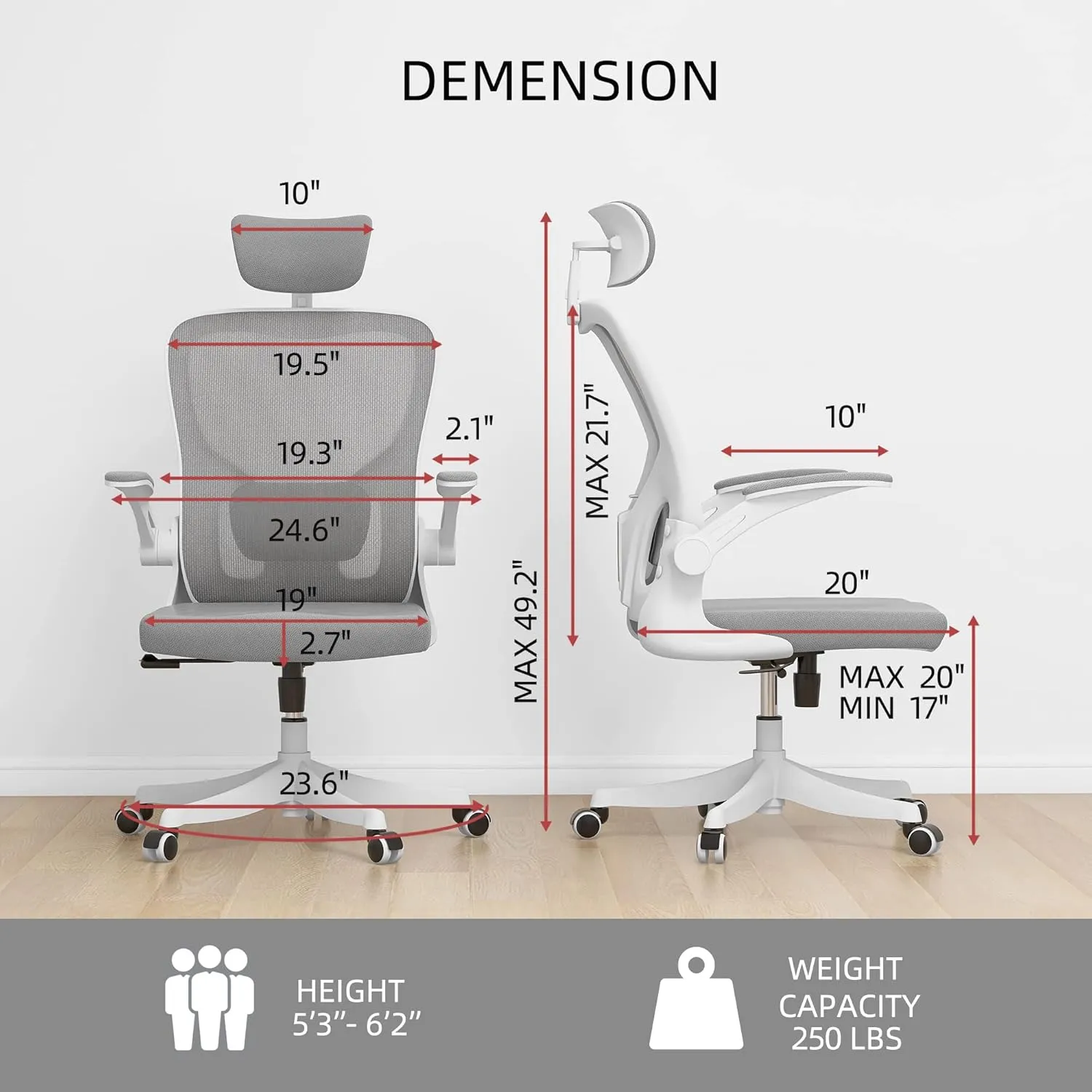 Monhey Office Chair Ergonomic Desk Chair with Lumbar Support&Headrest&Flip-up Arms Height Adjustable Rocking Swivel High Back Computer Chair Warm Taupe Mesh Study Chair (02White Grey)