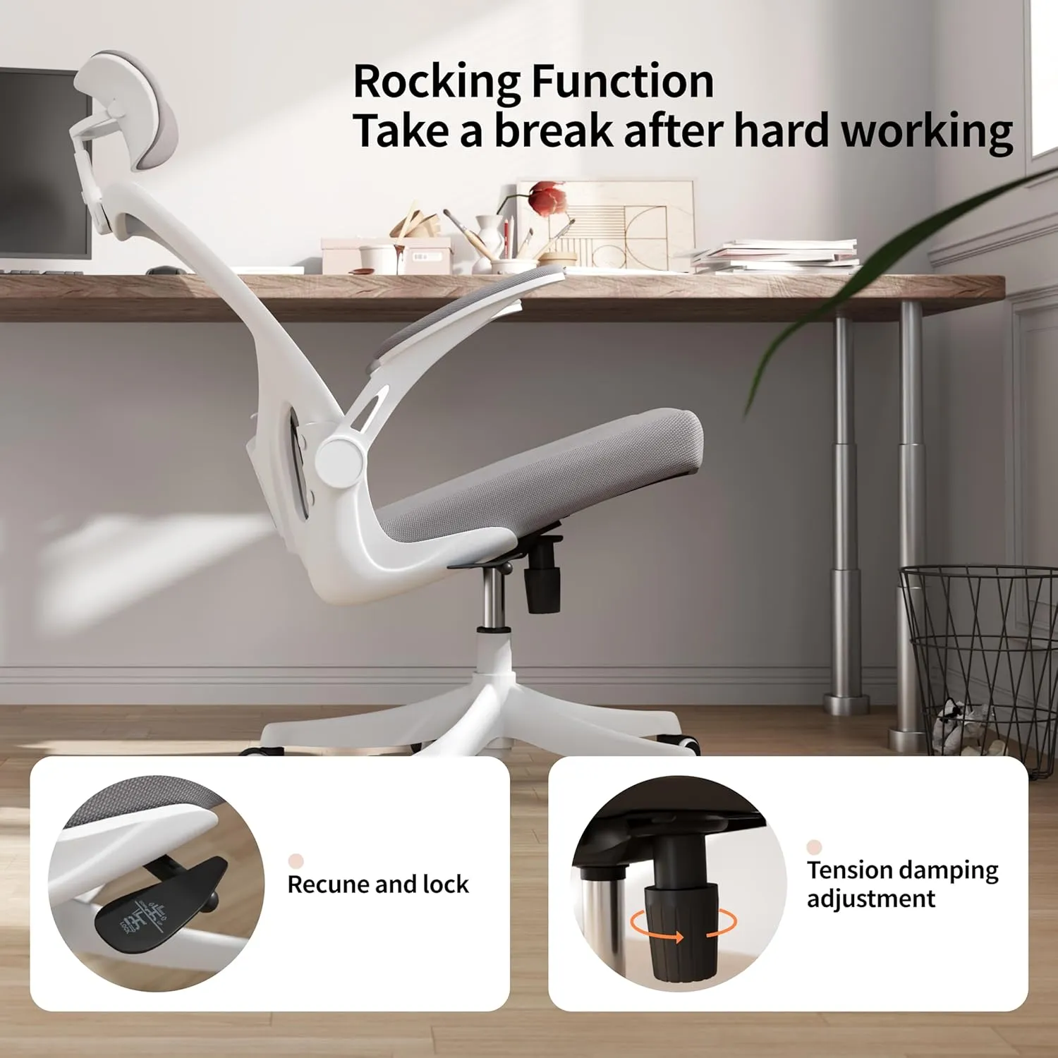 Monhey Office Chair Ergonomic Desk Chair with Lumbar Support&Headrest&Flip-up Arms Height Adjustable Rocking Swivel High Back Computer Chair Warm Taupe Mesh Study Chair (02White Grey)