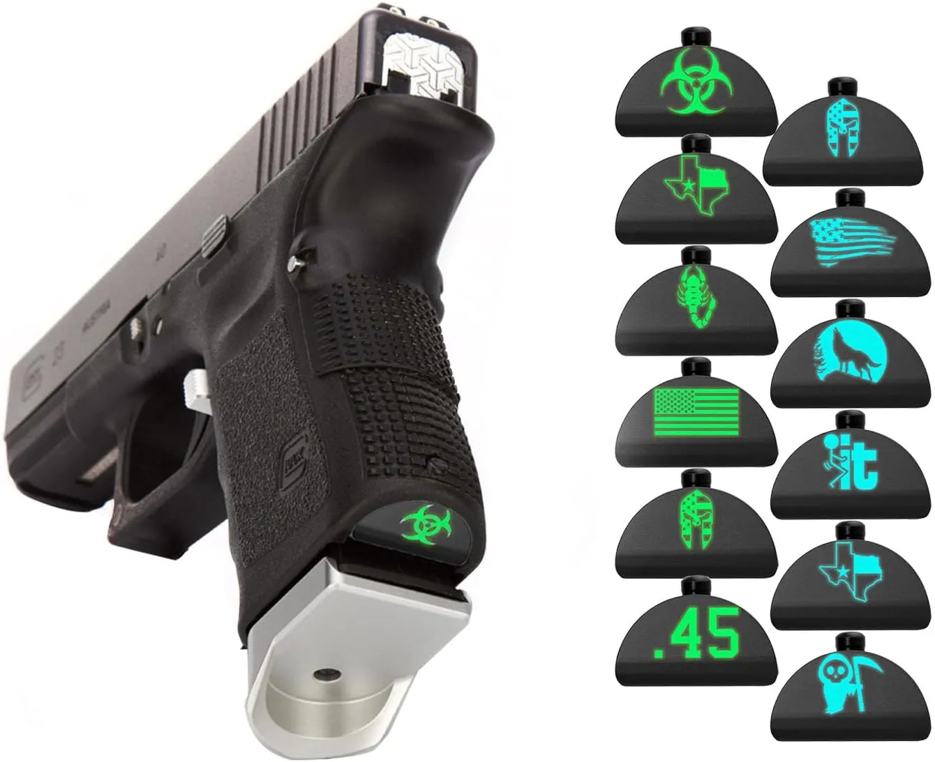 NDZ Performance Aluminum Grip Plug for Glock Gen 1-3 (17 19 20 22 23 24 31 32 34 35) – Laser Engraved, Glow in The Dark (Blue or Green) – Made in USA – Choose Image & Color