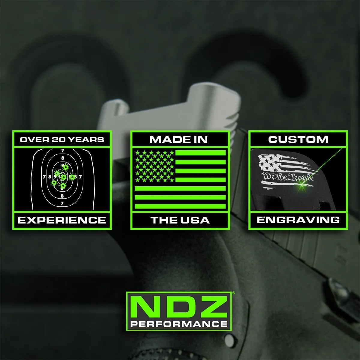 NDZ Performance Aluminum Grip Plug for Glock Gen 1-3 (17 19 20 22 23 24 31 32 34 35) – Laser Engraved, Glow in The Dark (Blue or Green) – Made in USA – Choose Image & Color