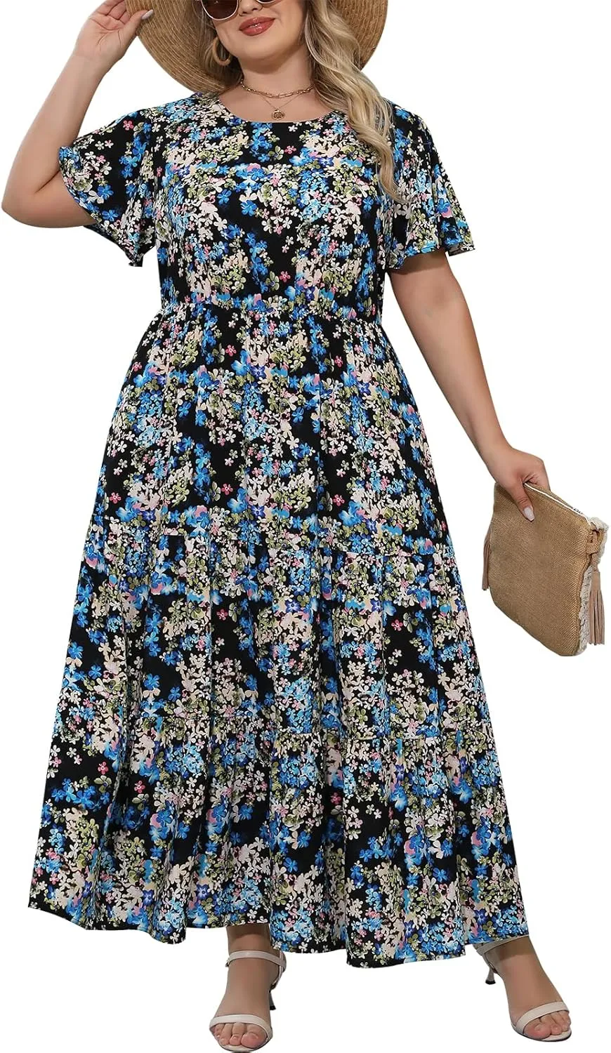 Nemidor Plus Size Maxi Dresses for Curvy Women Summer Casual Boho Ditsy Floral Print Layered Flared Long Dress with Pocket