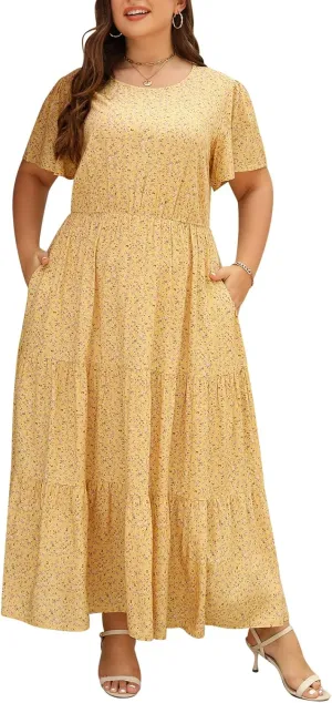 Nemidor Plus Size Maxi Dresses for Curvy Women Summer Casual Boho Ditsy Floral Print Layered Flared Long Dress with Pocket