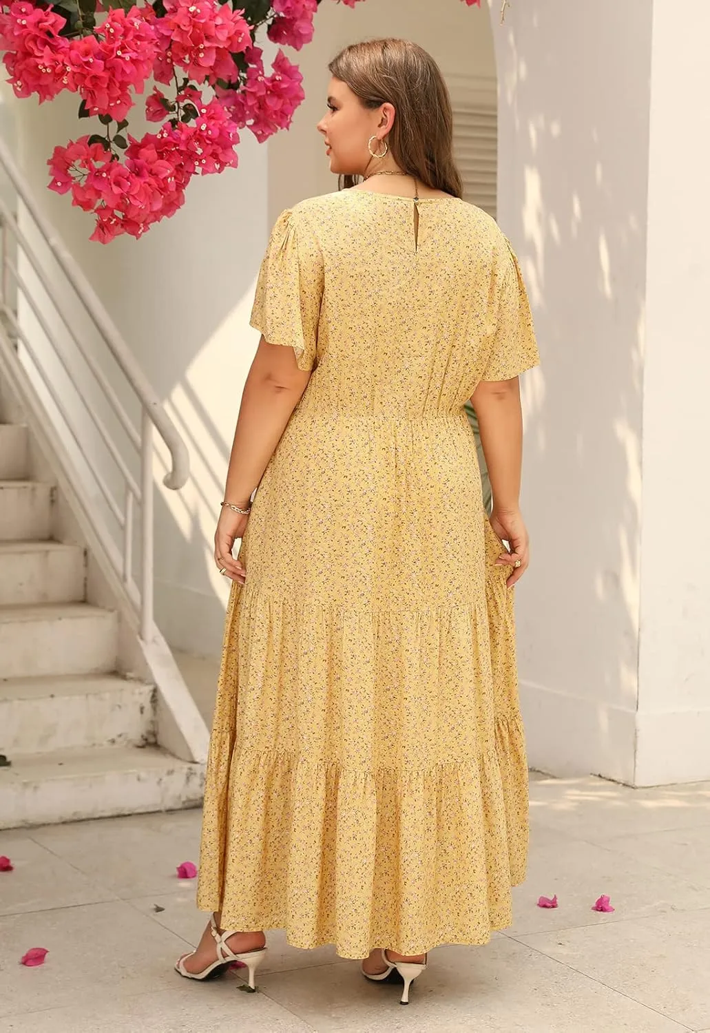 Nemidor Plus Size Maxi Dresses for Curvy Women Summer Casual Boho Ditsy Floral Print Layered Flared Long Dress with Pocket