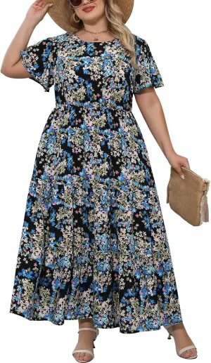 Nemidor Plus Size Maxi Dresses for Curvy Women Summer Casual Boho Ditsy Floral Print Layered Flared Long Dress with Pocket