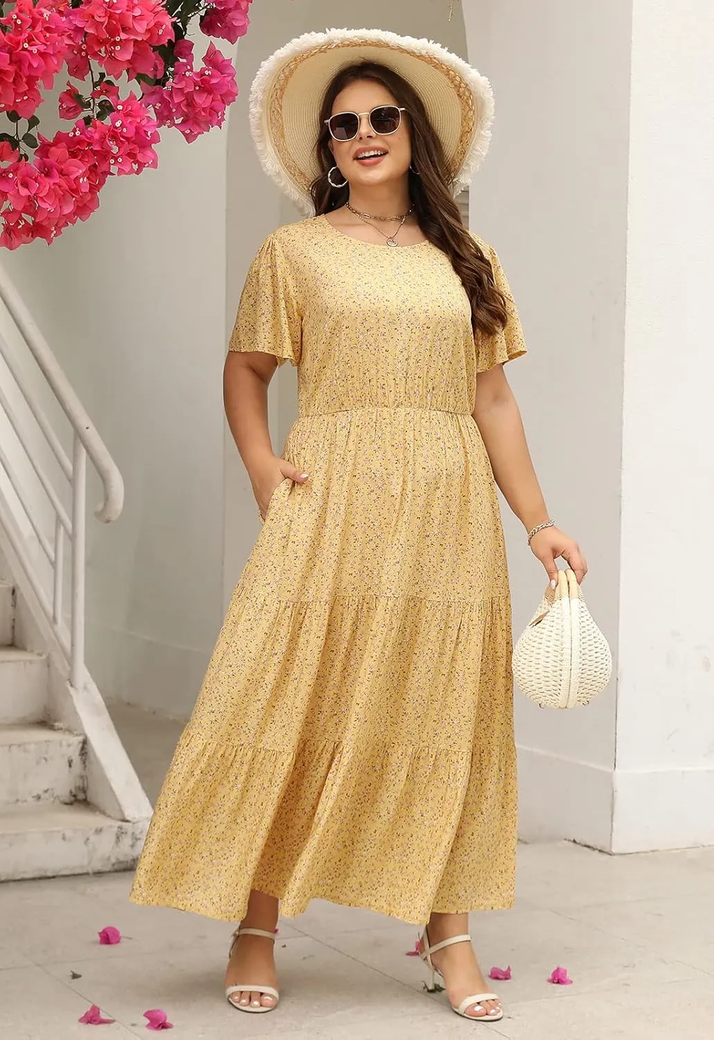 Nemidor Plus Size Maxi Dresses for Curvy Women Summer Casual Boho Ditsy Floral Print Layered Flared Long Dress with Pocket