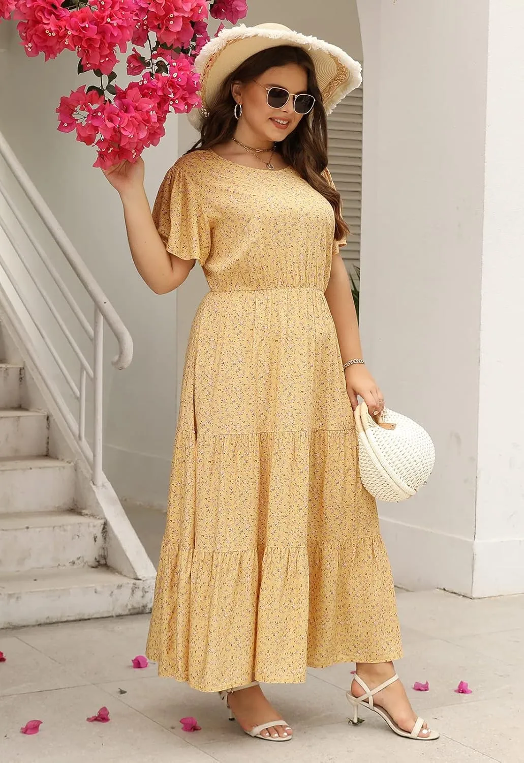 Nemidor Plus Size Maxi Dresses for Curvy Women Summer Casual Boho Ditsy Floral Print Layered Flared Long Dress with Pocket