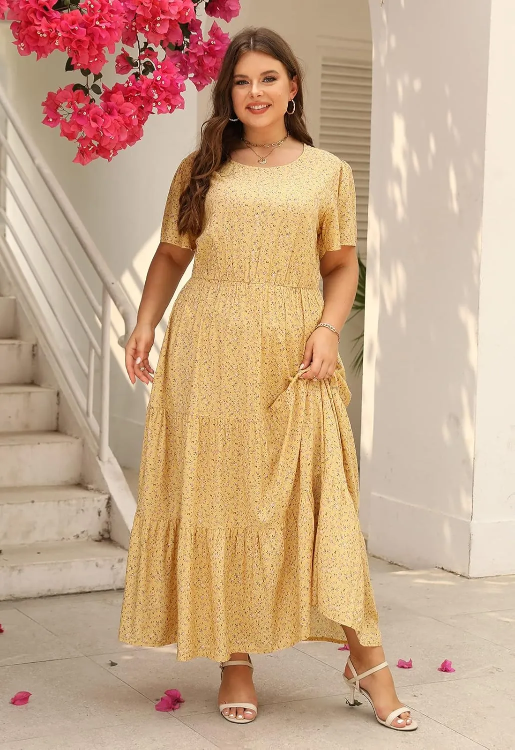Nemidor Plus Size Maxi Dresses for Curvy Women Summer Casual Boho Ditsy Floral Print Layered Flared Long Dress with Pocket