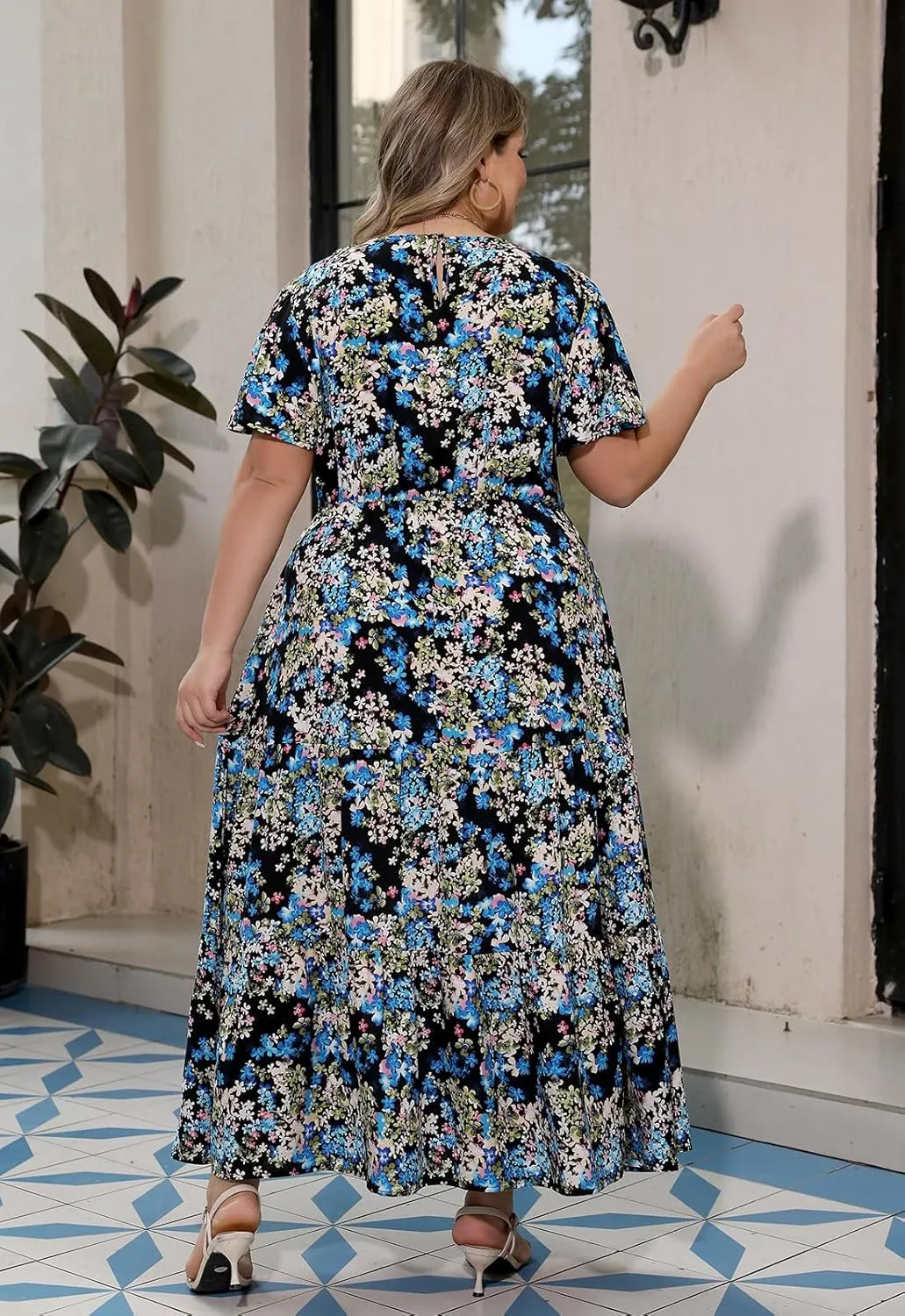 Nemidor Plus Size Maxi Dresses for Curvy Women Summer Casual Boho Ditsy Floral Print Layered Flared Long Dress with Pocket