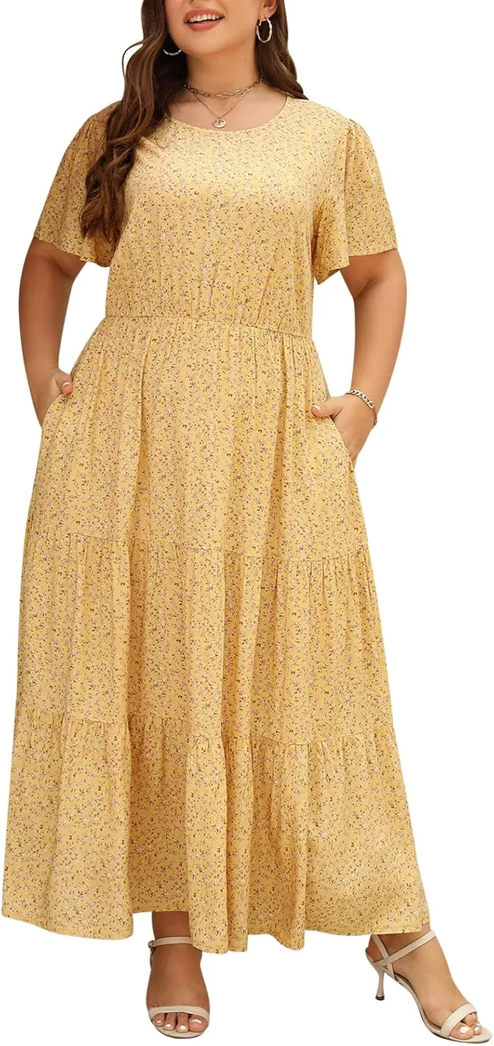 Nemidor Plus Size Maxi Dresses for Curvy Women Summer Casual Boho Ditsy Floral Print Layered Flared Long Dress with Pocket