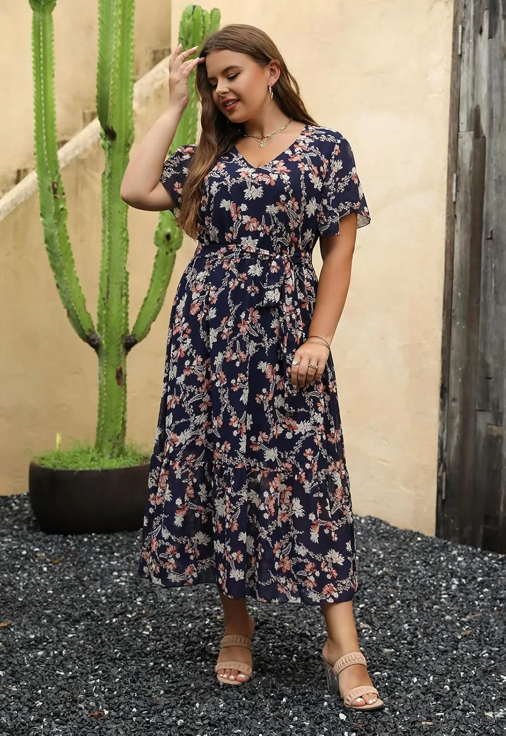 Nemidor Womens Casual Plus Size Boho Print Belted Layered Chiffon Long Dress with Ruffle Sleeve NEM310