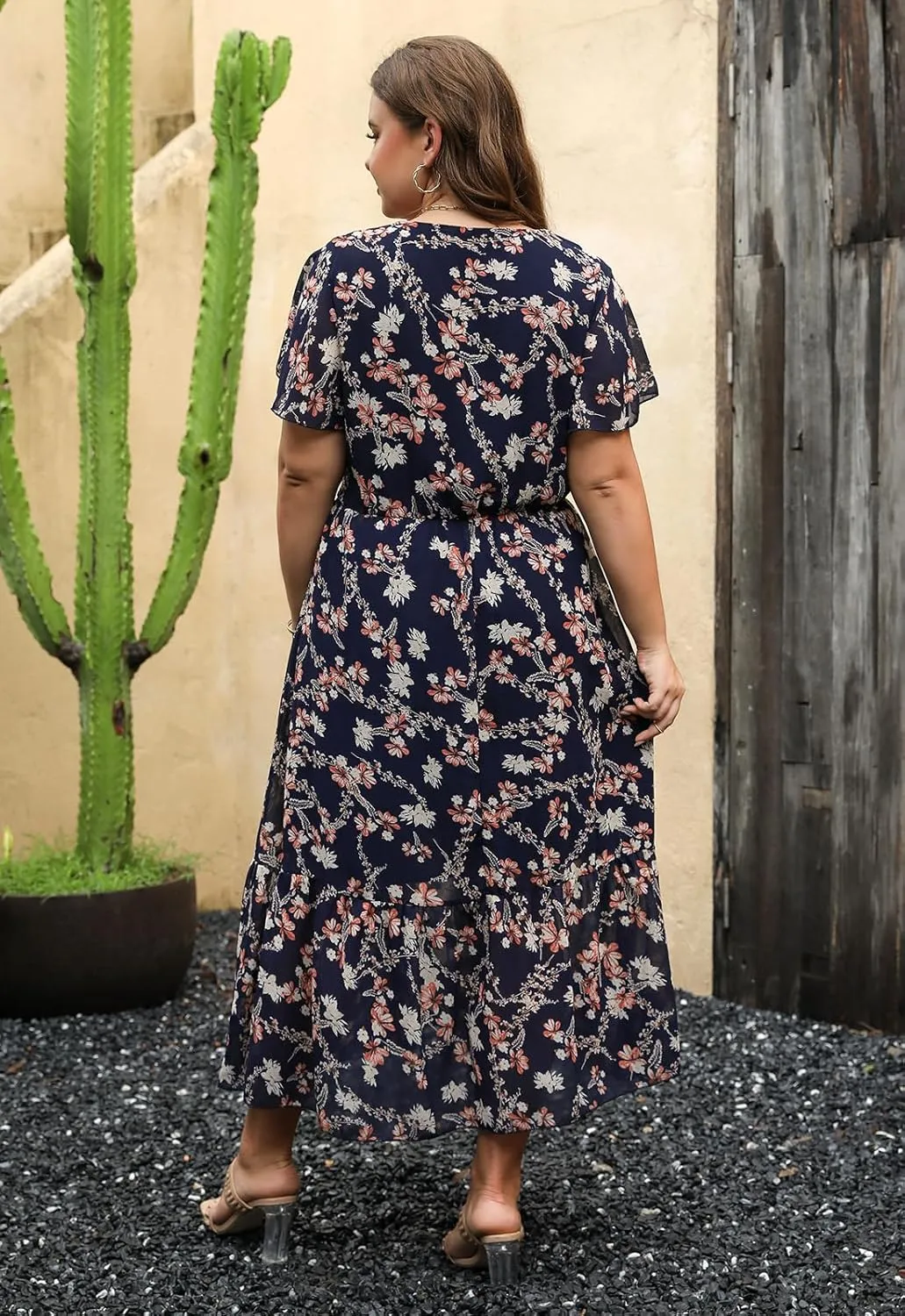 Nemidor Womens Casual Plus Size Boho Print Belted Layered Chiffon Long Dress with Ruffle Sleeve NEM310
