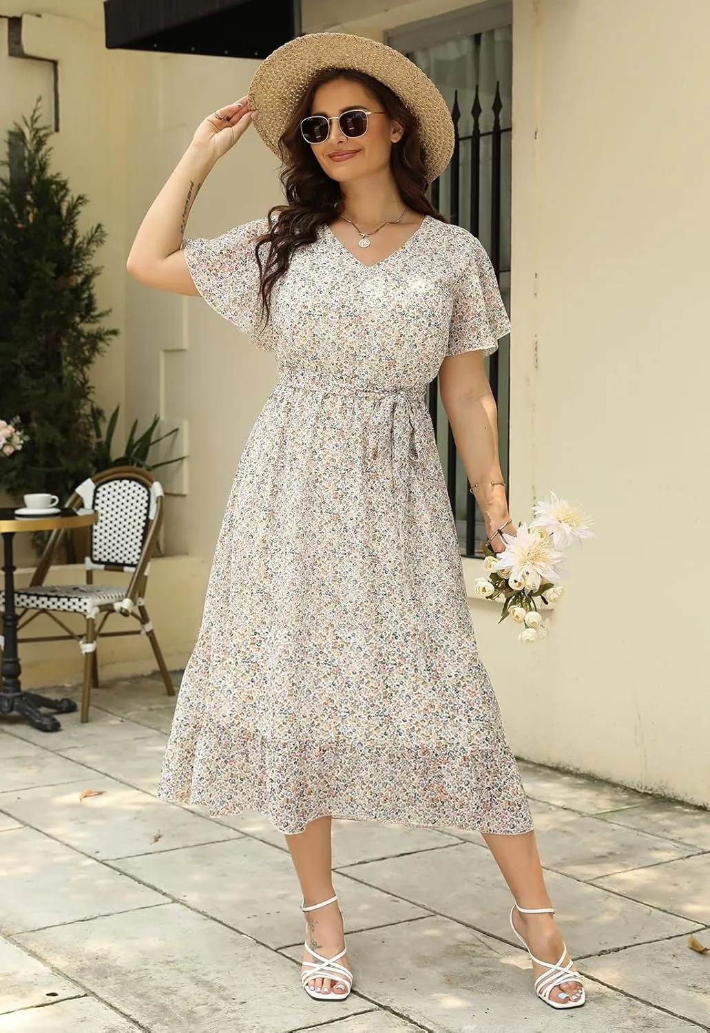 Nemidor Womens Casual Plus Size Boho Print Belted Layered Chiffon Long Dress with Ruffle Sleeve NEM310