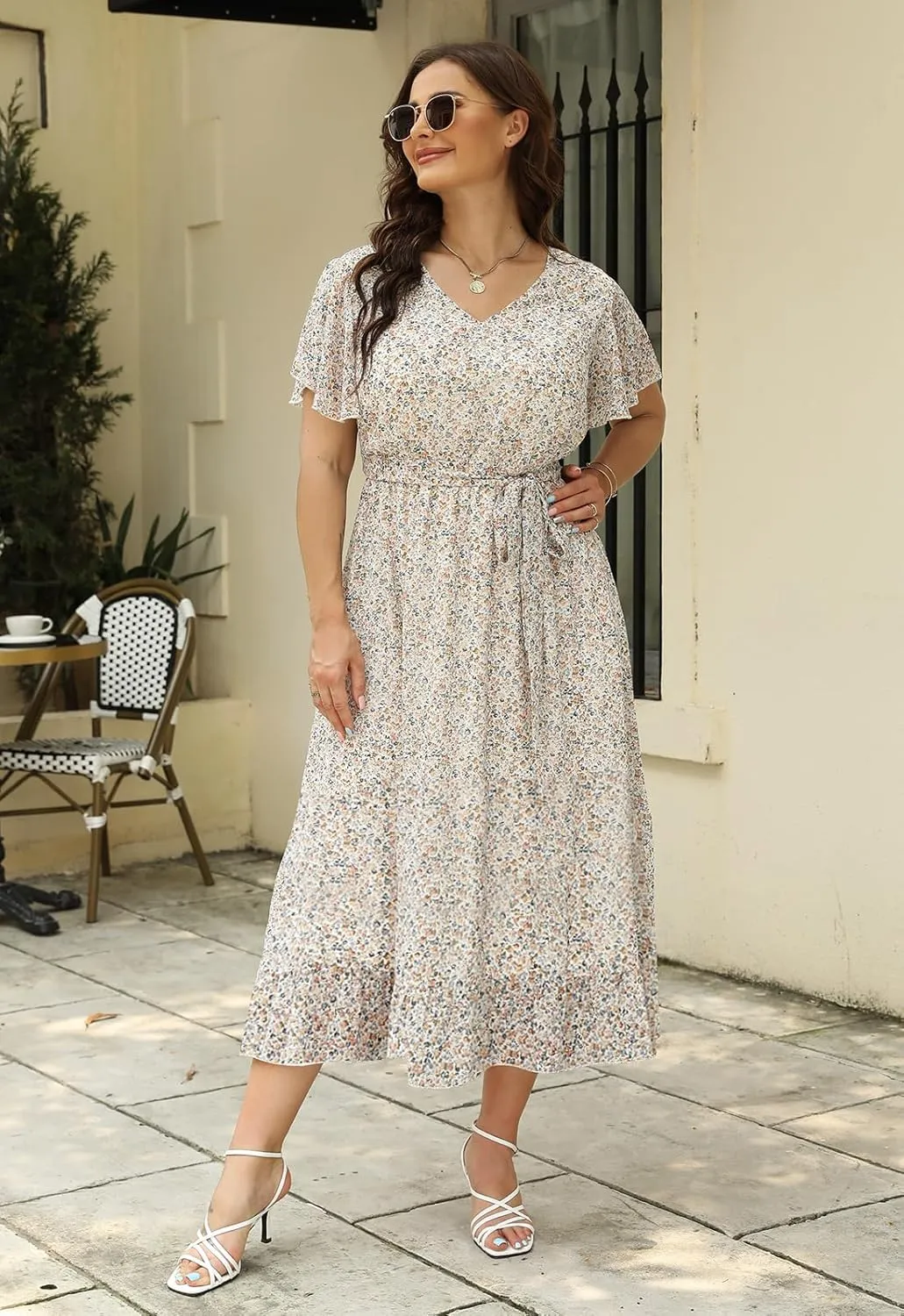 Nemidor Womens Casual Plus Size Boho Print Belted Layered Chiffon Long Dress with Ruffle Sleeve NEM310