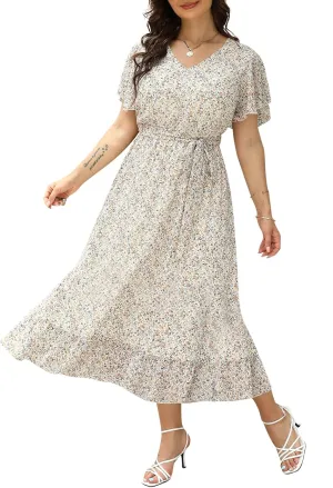 Nemidor Womens Casual Plus Size Boho Print Belted Layered Chiffon Long Dress with Ruffle Sleeve NEM310