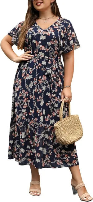 Nemidor Womens Casual Plus Size Boho Print Belted Layered Chiffon Long Dress with Ruffle Sleeve NEM310