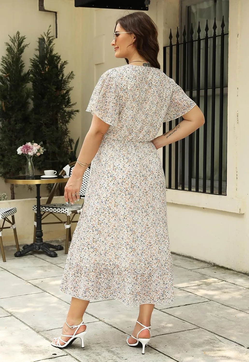 Nemidor Womens Casual Plus Size Boho Print Belted Layered Chiffon Long Dress with Ruffle Sleeve NEM310
