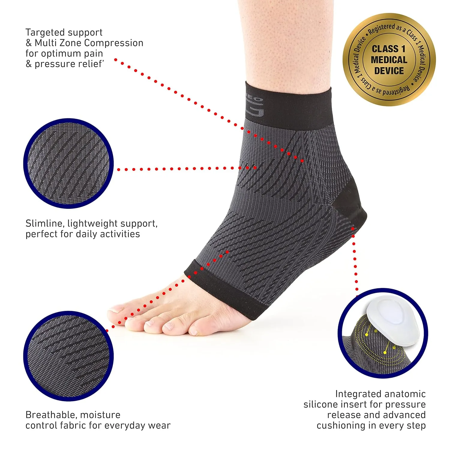 Neo-G Plantar Fasciitis Compression Socks – Support for Plantar Fasciitis, Heel and Arch Pain, Silicone Heel Cushioning for Targeted Pain Relief – Class 1 Medical Device – 1 Pair - XL