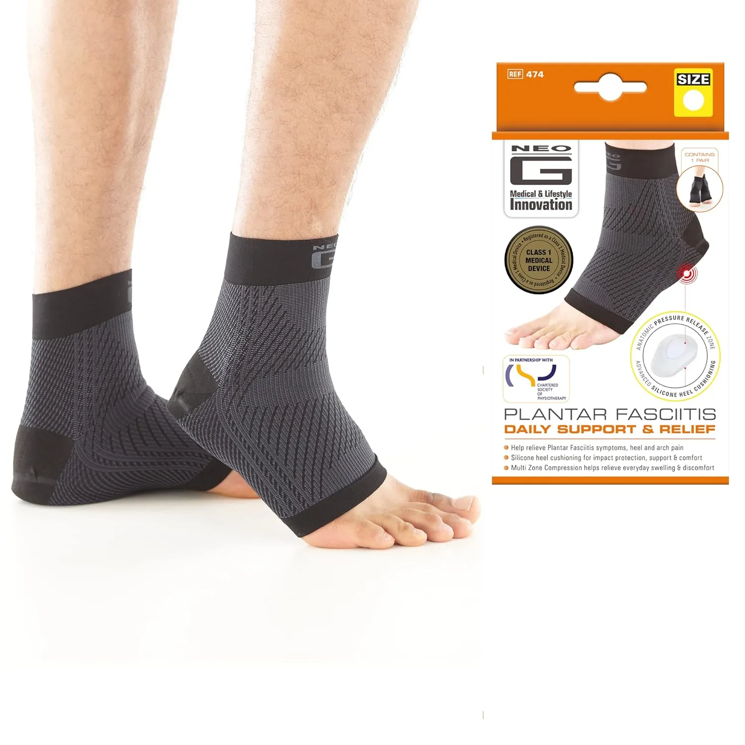 Neo-G Plantar Fasciitis Compression Socks – Support for Plantar Fasciitis, Heel and Arch Pain, Silicone Heel Cushioning for Targeted Pain Relief – Class 1 Medical Device – 1 Pair - XL