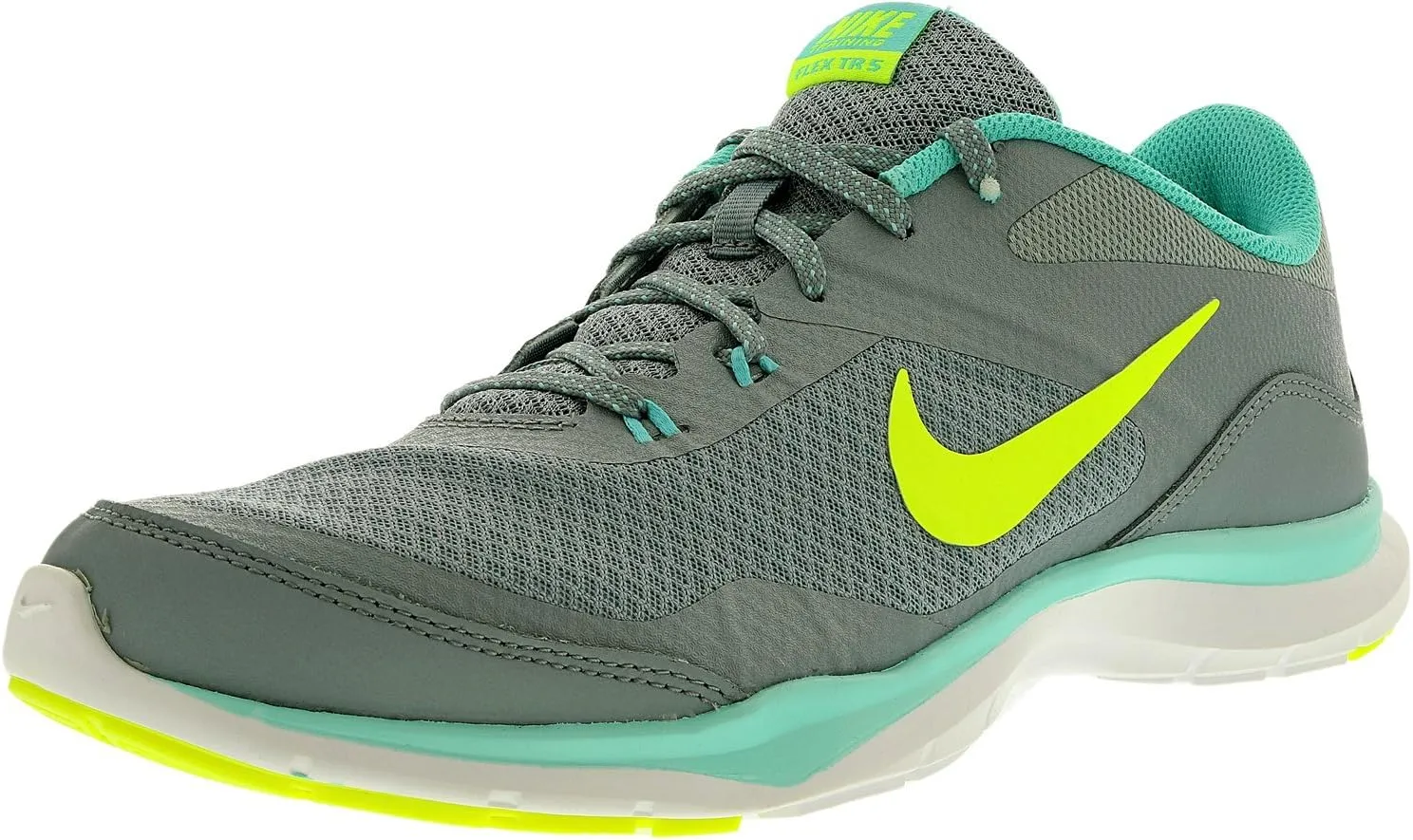 Nike Womens Flex Trainer 5 Running Shoe, Dove Grey/Light Aqua/Teal Tint/Volt - 9 B(M) US