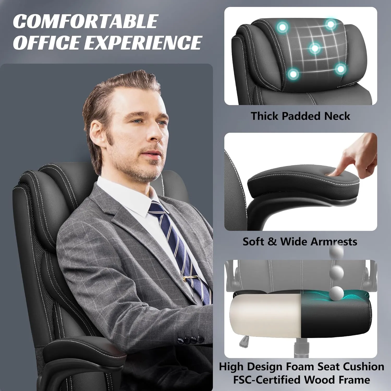 Office Chair, Ergonomic Big and Tall Computer Desk Chairs, Executive Breathable Leather Chair with Adjustable High Back Flip-up Armrests, Lumbar Support Swivel PC Chair with Rocking Function