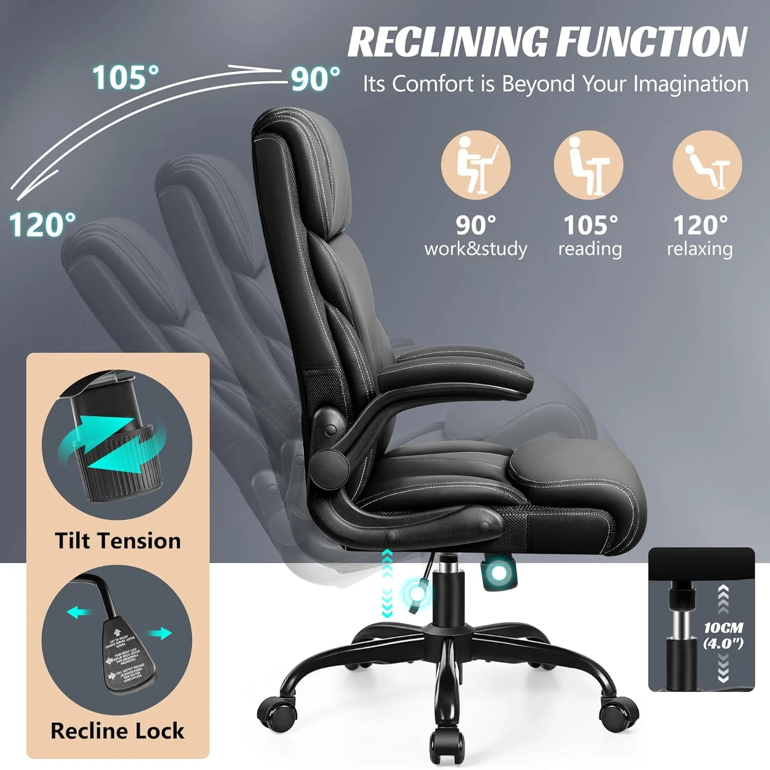 Office Chair, Ergonomic Big and Tall Computer Desk Chairs, Executive Breathable Leather Chair with Adjustable High Back Flip-up Armrests, Lumbar Support Swivel PC Chair with Rocking Function