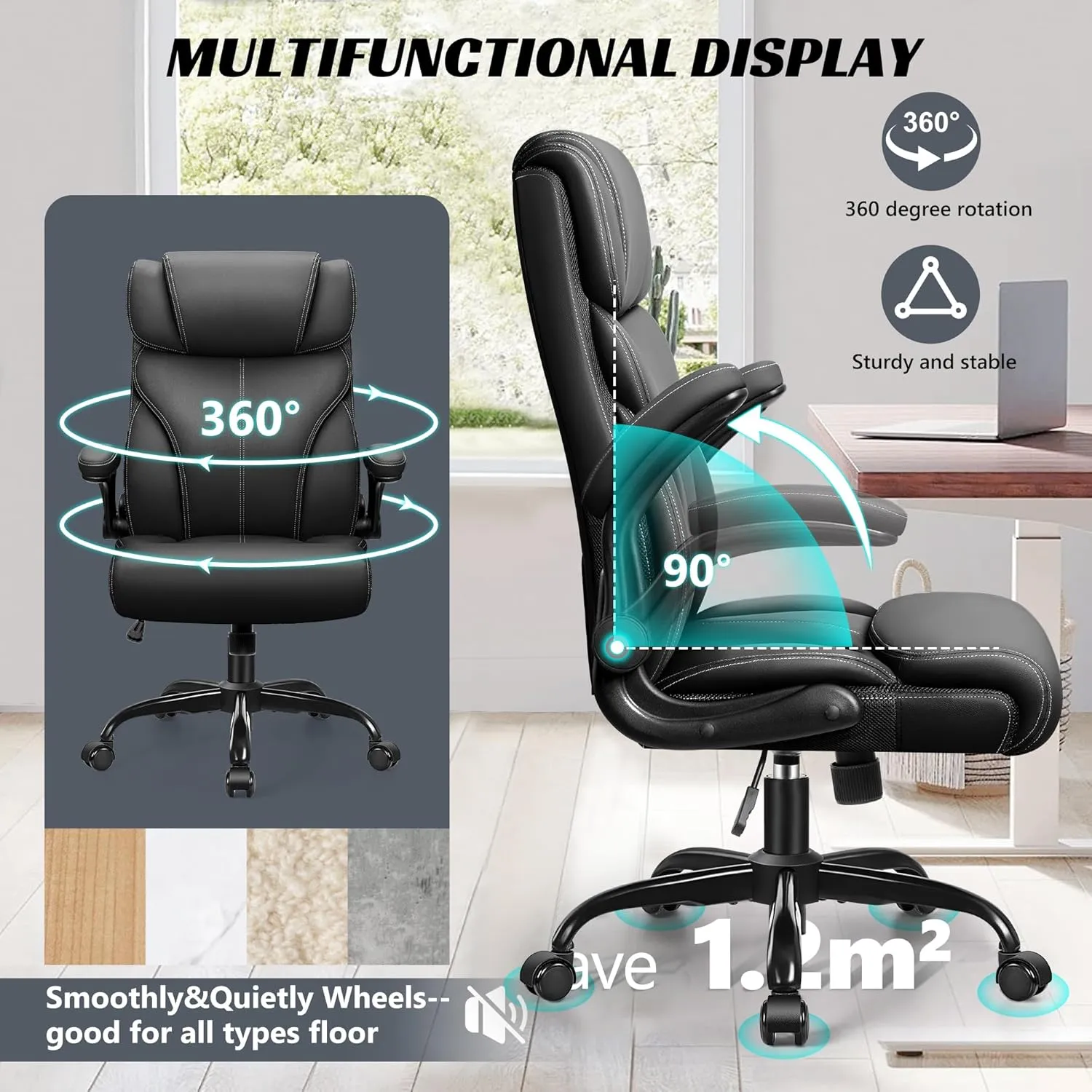 Office Chair, Ergonomic Big and Tall Computer Desk Chairs, Executive Breathable Leather Chair with Adjustable High Back Flip-up Armrests, Lumbar Support Swivel PC Chair with Rocking Function
