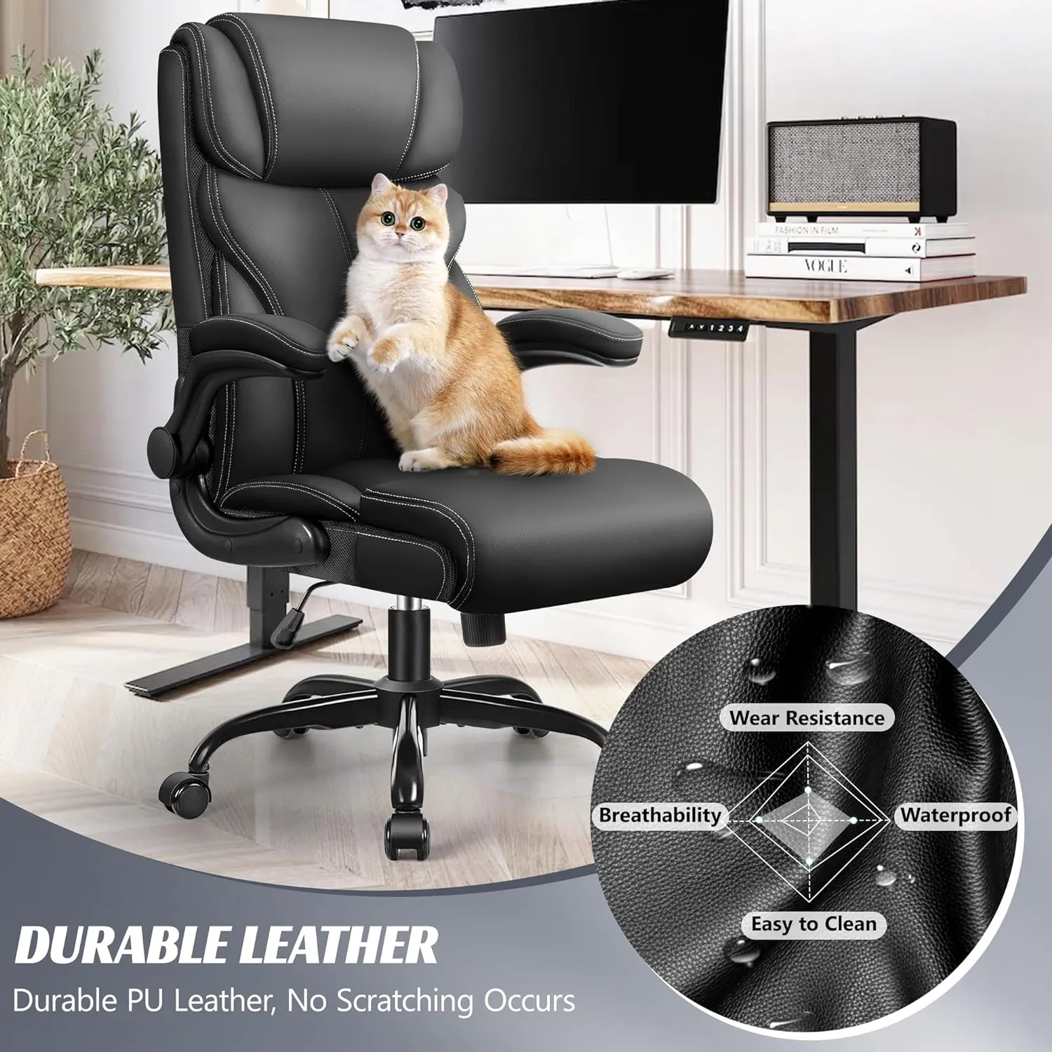 Office Chair, Ergonomic Big and Tall Computer Desk Chairs, Executive Breathable Leather Chair with Adjustable High Back Flip-up Armrests, Lumbar Support Swivel PC Chair with Rocking Function