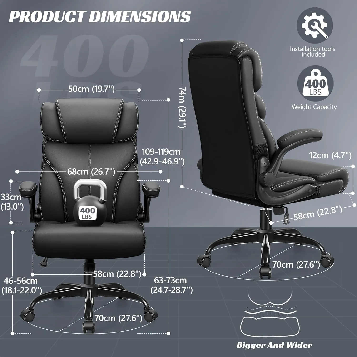 Office Chair, Ergonomic Big and Tall Computer Desk Chairs, Executive Breathable Leather Chair with Adjustable High Back Flip-up Armrests, Lumbar Support Swivel PC Chair with Rocking Function