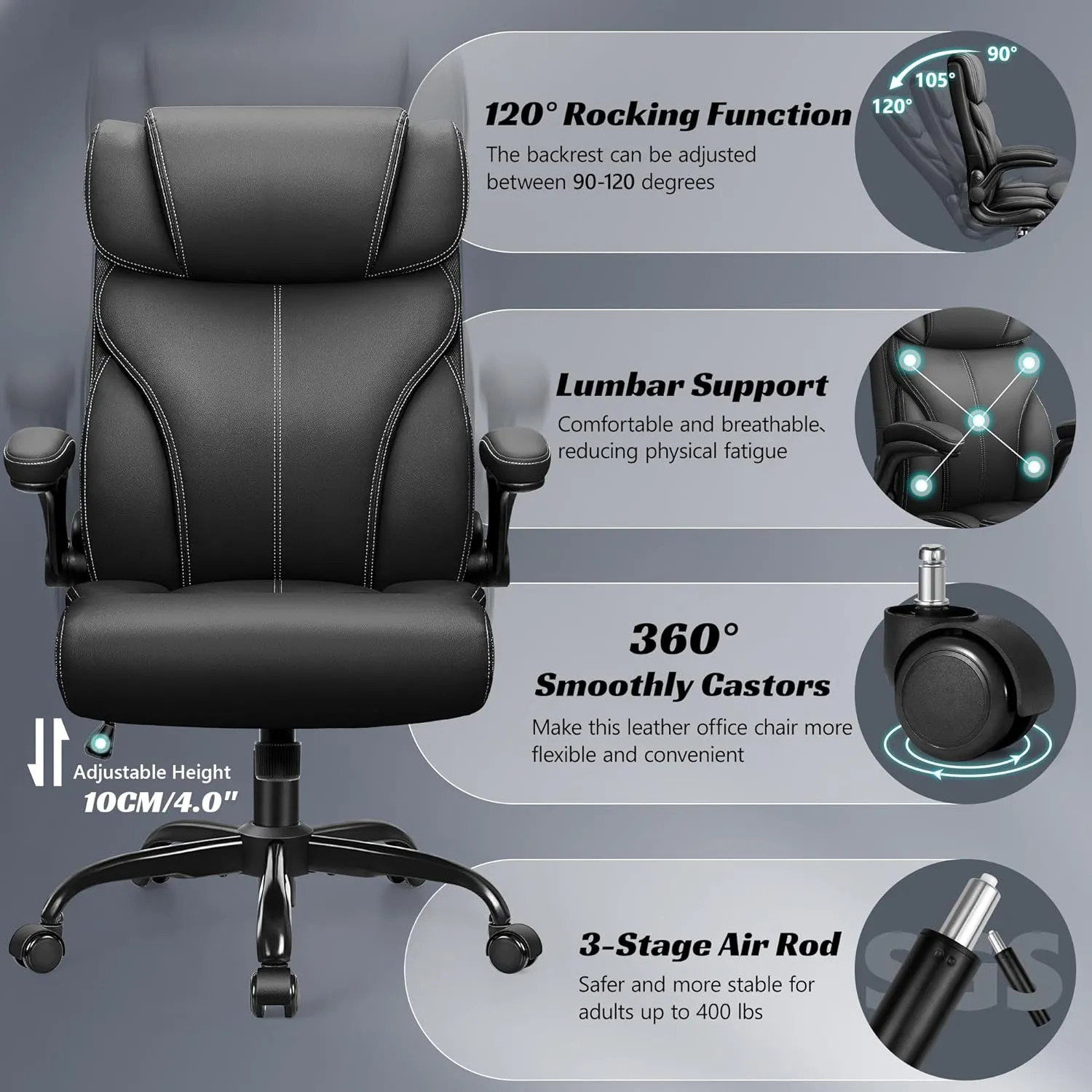 Office Chair, Ergonomic Big and Tall Computer Desk Chairs, Executive Breathable Leather Chair with Adjustable High Back Flip-up Armrests, Lumbar Support Swivel PC Chair with Rocking Function