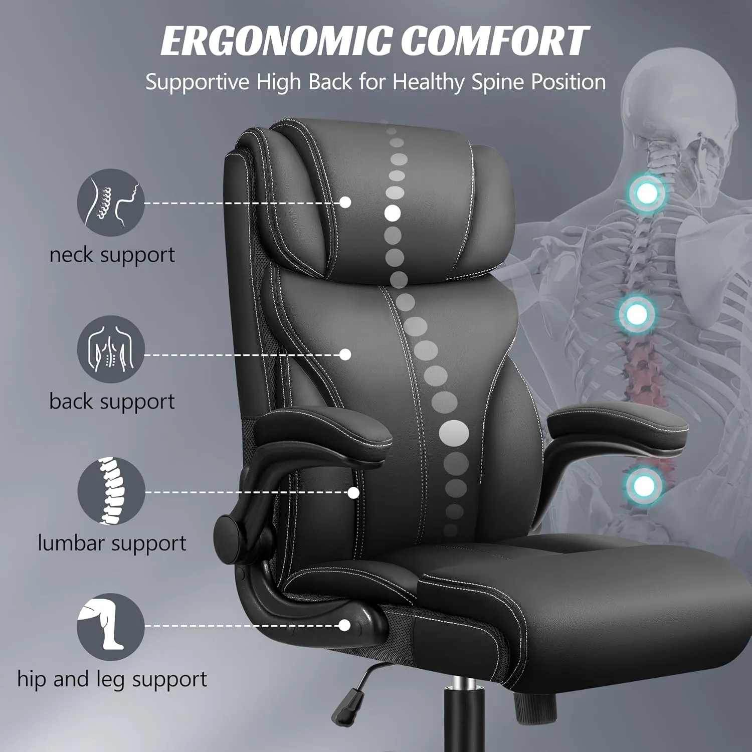 Office Chair, Ergonomic Big and Tall Computer Desk Chairs, Executive Breathable Leather Chair with Adjustable High Back Flip-up Armrests, Lumbar Support Swivel PC Chair with Rocking Function
