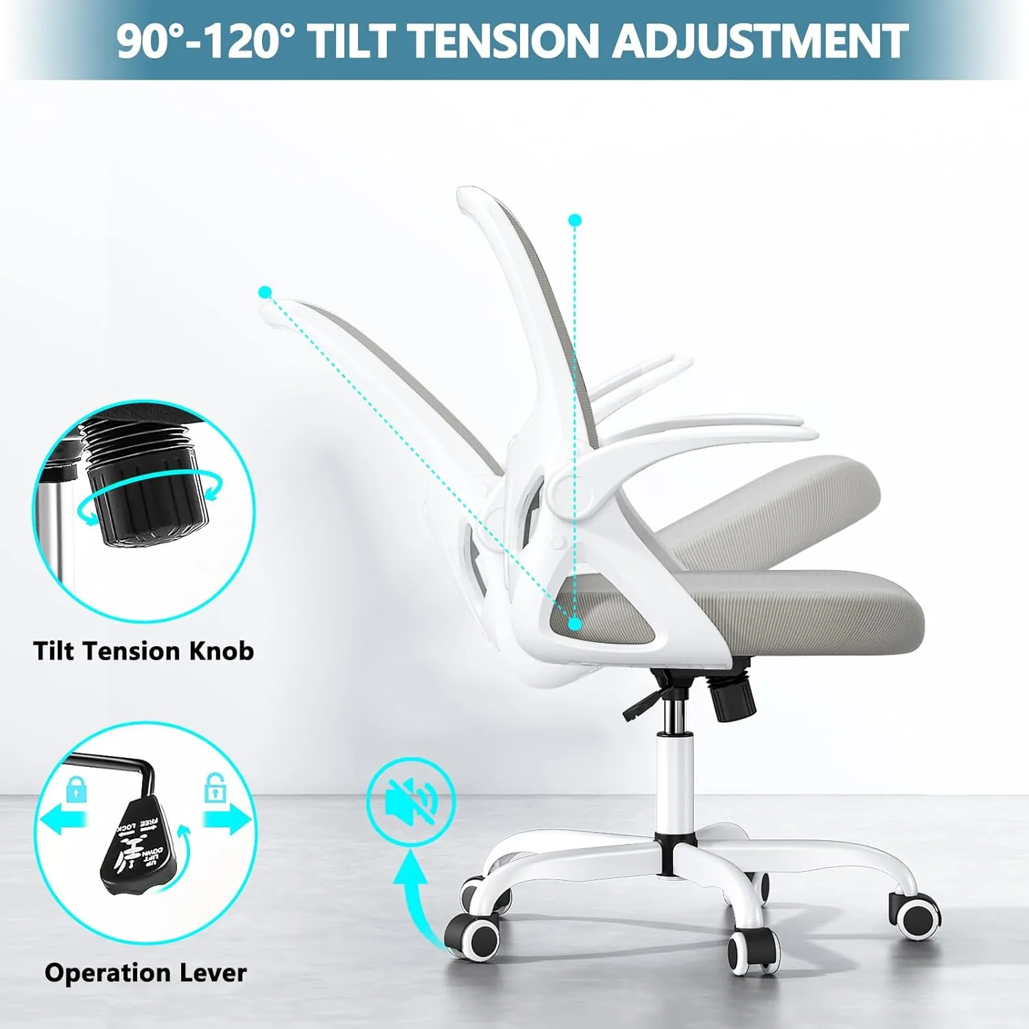 Office Desk Chair with Lumbar Support, Ergonomic Mesh Office Chair with Wheels and Flip-up Armrests, Adjustable Height Swivel Computer Chair for Home and Office, KYGB255