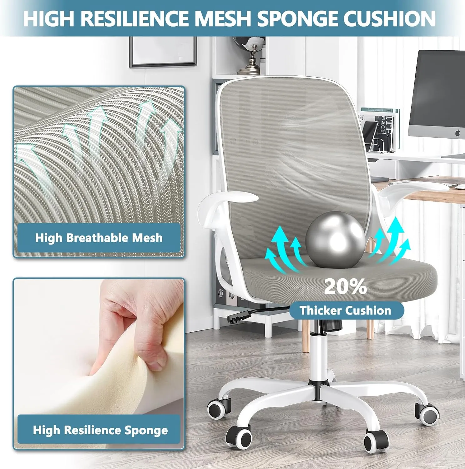 Office Desk Chair with Lumbar Support, Ergonomic Mesh Office Chair with Wheels and Flip-up Armrests, Adjustable Height Swivel Computer Chair for Home and Office, KYGB255