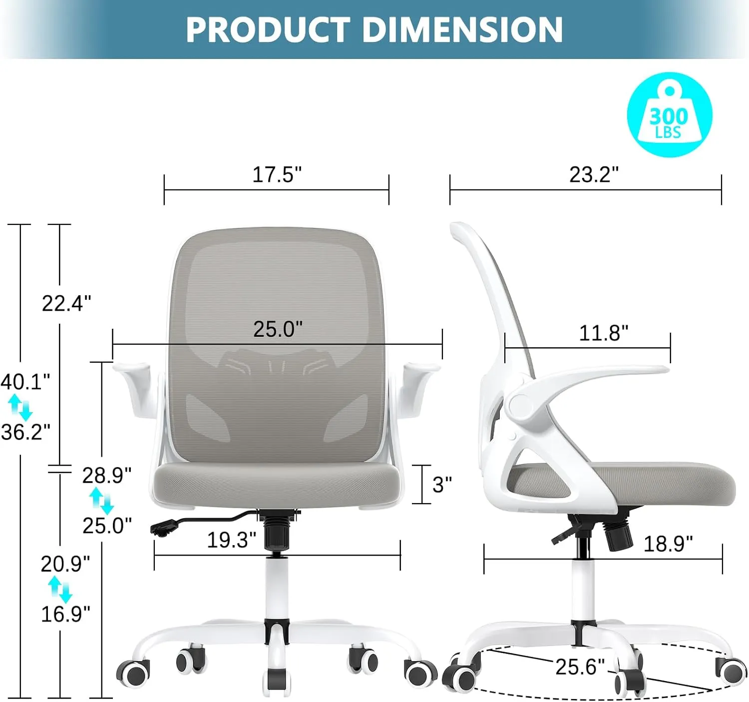 Office Desk Chair with Lumbar Support, Ergonomic Mesh Office Chair with Wheels and Flip-up Armrests, Adjustable Height Swivel Computer Chair for Home and Office, KYGB255