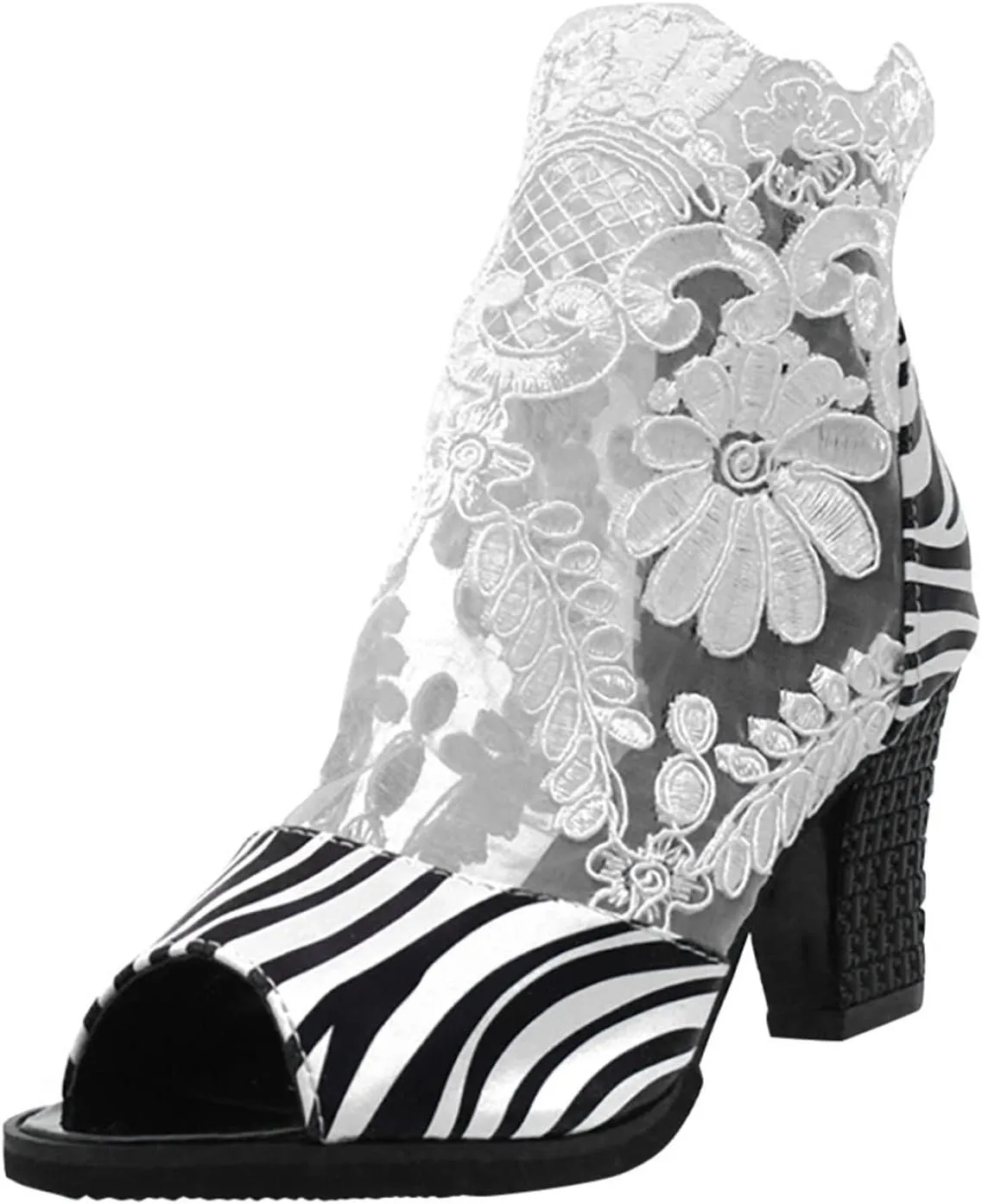 oiangi Womens Peep Toe Chunky Sandals Summer Flower Lace Mesh Breathable Open Toe Back Zipper Zebra Print Thick High Heels Elegant Comfy Casual Shoes
