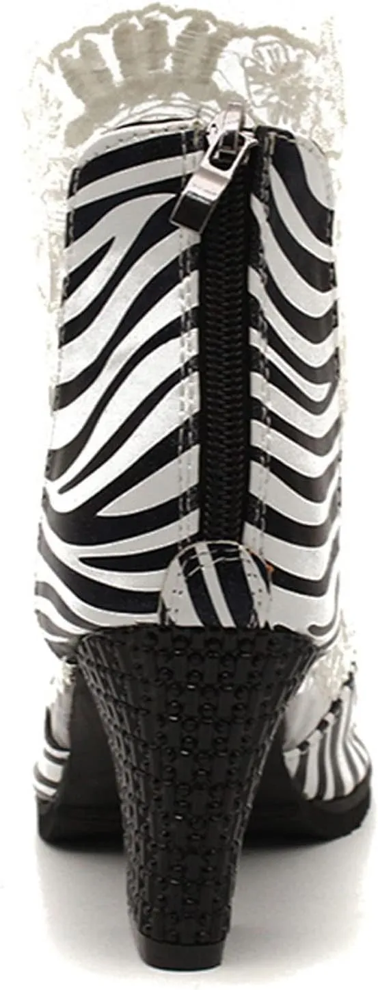 oiangi Womens Peep Toe Chunky Sandals Summer Flower Lace Mesh Breathable Open Toe Back Zipper Zebra Print Thick High Heels Elegant Comfy Casual Shoes