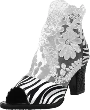 oiangi Womens Peep Toe Chunky Sandals Summer Flower Lace Mesh Breathable Open Toe Back Zipper Zebra Print Thick High Heels Elegant Comfy Casual Shoes