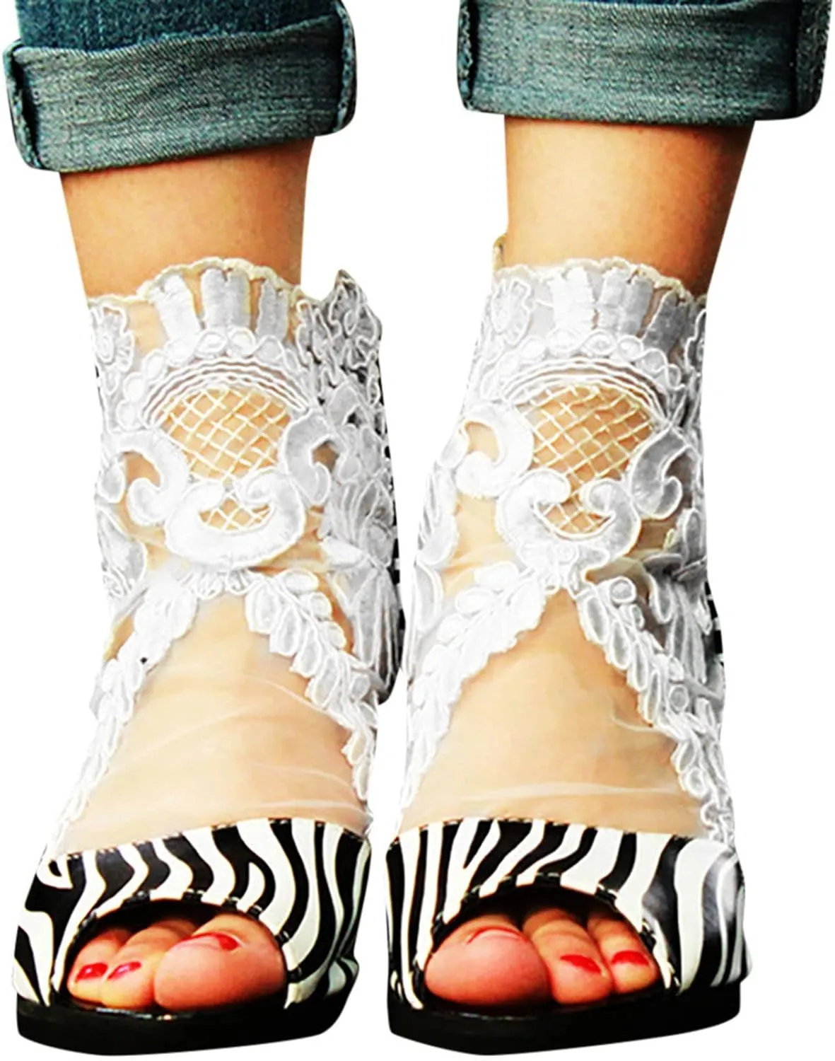 oiangi Womens Peep Toe Chunky Sandals Summer Flower Lace Mesh Breathable Open Toe Back Zipper Zebra Print Thick High Heels Elegant Comfy Casual Shoes