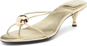 OMLISHZTY Women's Kitten Heel Sandals - Sculptural Metal Hardware, Open Toe Flip Flop Heels, Dressy Casual Sandals for Multi-Occasion Wear