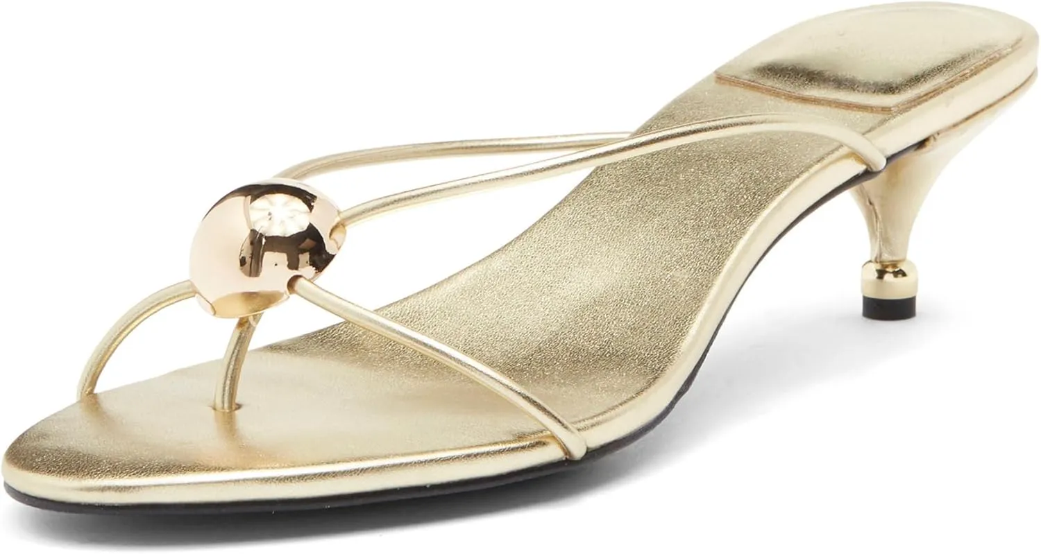 OMLISHZTY Women's Kitten Heel Sandals - Sculptural Metal Hardware, Open Toe Flip Flop Heels, Dressy Casual Sandals for Multi-Occasion Wear