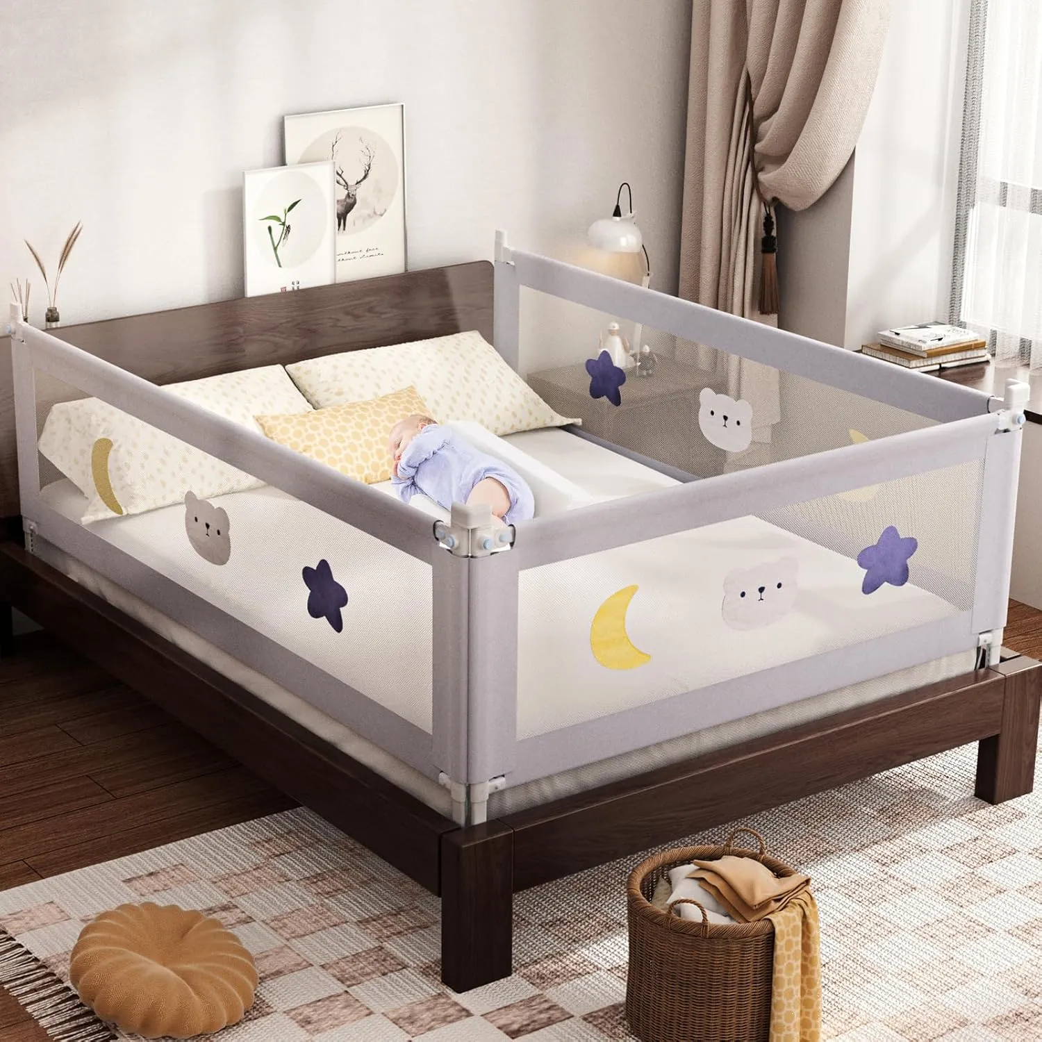 omzer Bed Rail for Toddlers - (3 Pack) Toddler Bed Rails with Double Child Lock, Bed Rail for Baby Kids with Pattern, Infants Height Adjustment Guardrail for King Size Bed - 3 Pack, 78.7x78.7x74.8”
