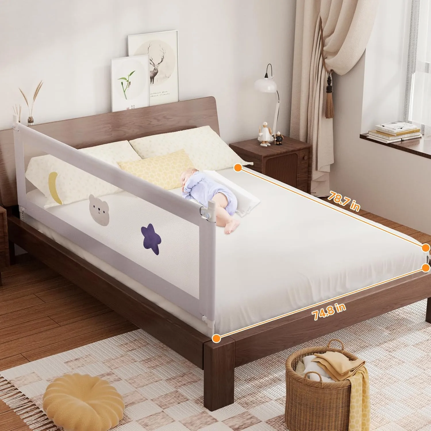 omzer Bed Rail for Toddlers - (3 Pack) Toddler Bed Rails with Double Child Lock, Bed Rail for Baby Kids with Pattern, Infants Height Adjustment Guardrail for King Size Bed - 3 Pack, 78.7x78.7x74.8”