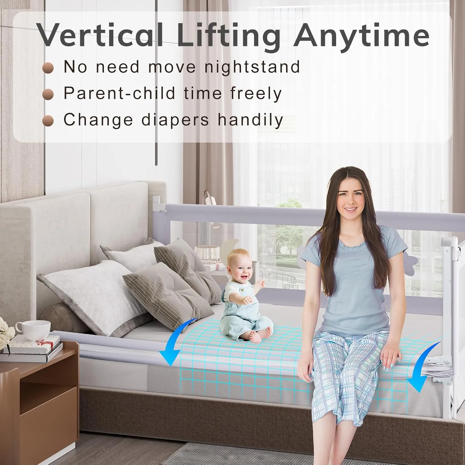 omzer Bed Rail for Toddlers - (3 Pack) Toddler Bed Rails with Double Child Lock, Bed Rail for Baby Kids with Pattern, Infants Height Adjustment Guardrail for King Size Bed - 3 Pack, 78.7x78.7x74.8”