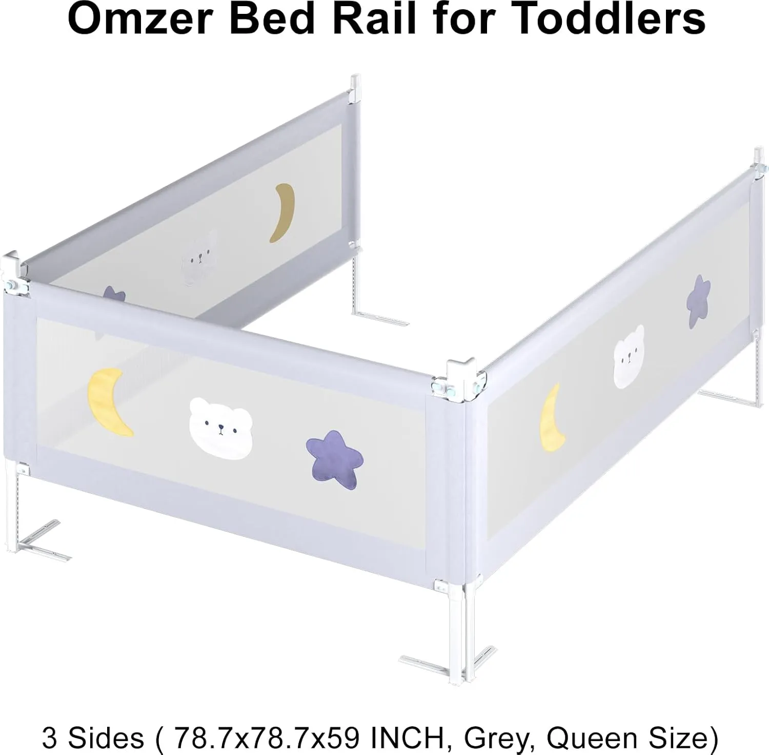 omzer Bed Rail for Toddlers - (3 Pack) Toddler Bed Rails with Double Child Lock, Bed Rail for Baby Kids with Pattern, Infants Height Adjustment Guardrail for Queen Size Bed - 3 Pack, 78.7x78.7x59”