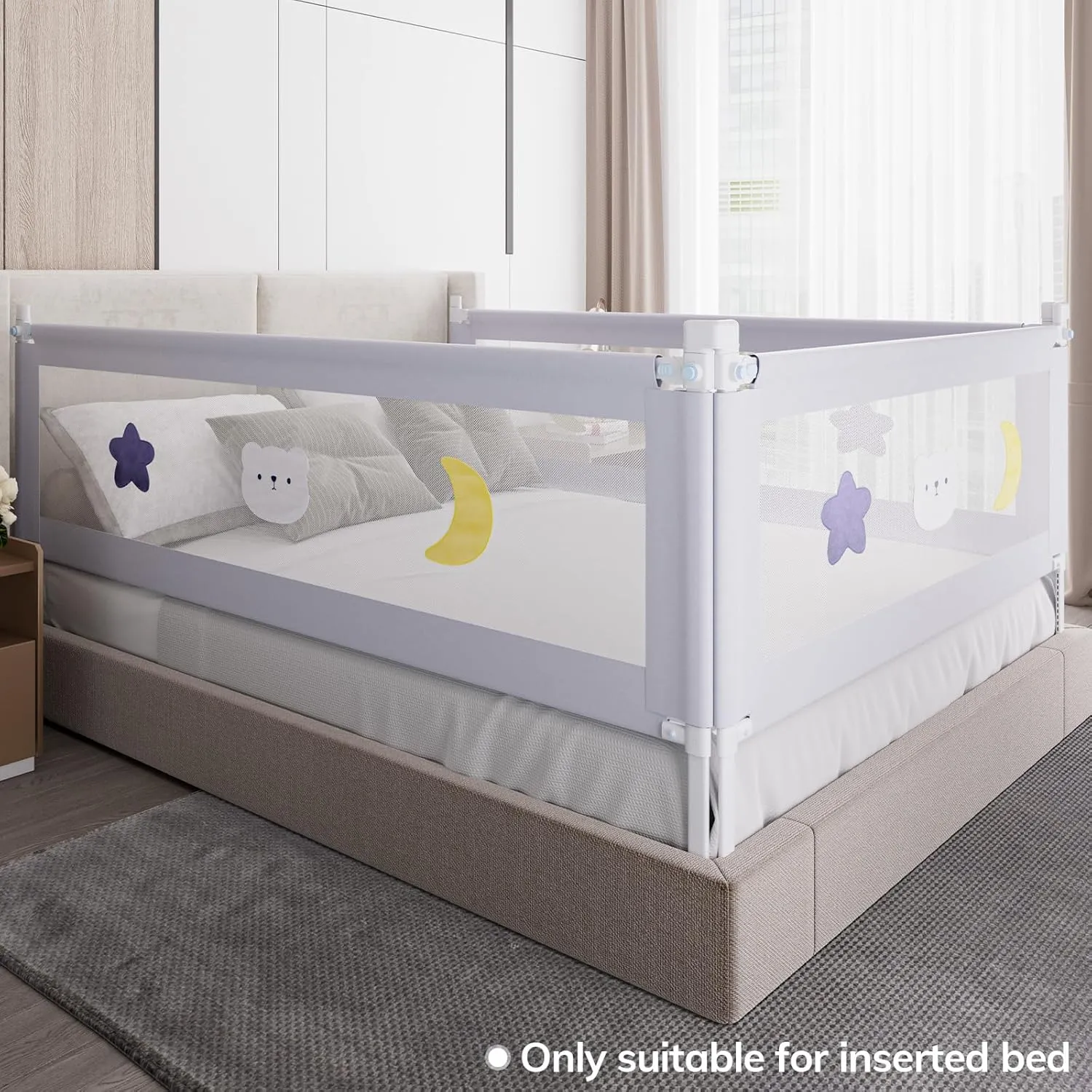 omzer Bed Rail for Toddlers - Baby Bed Guard Rail with Double Child Lock, Safety Bedrail for Children Kids with Pattern, Infants Height Adjustment Guardrail for Full Queen King Size - 1 Pack, 59”