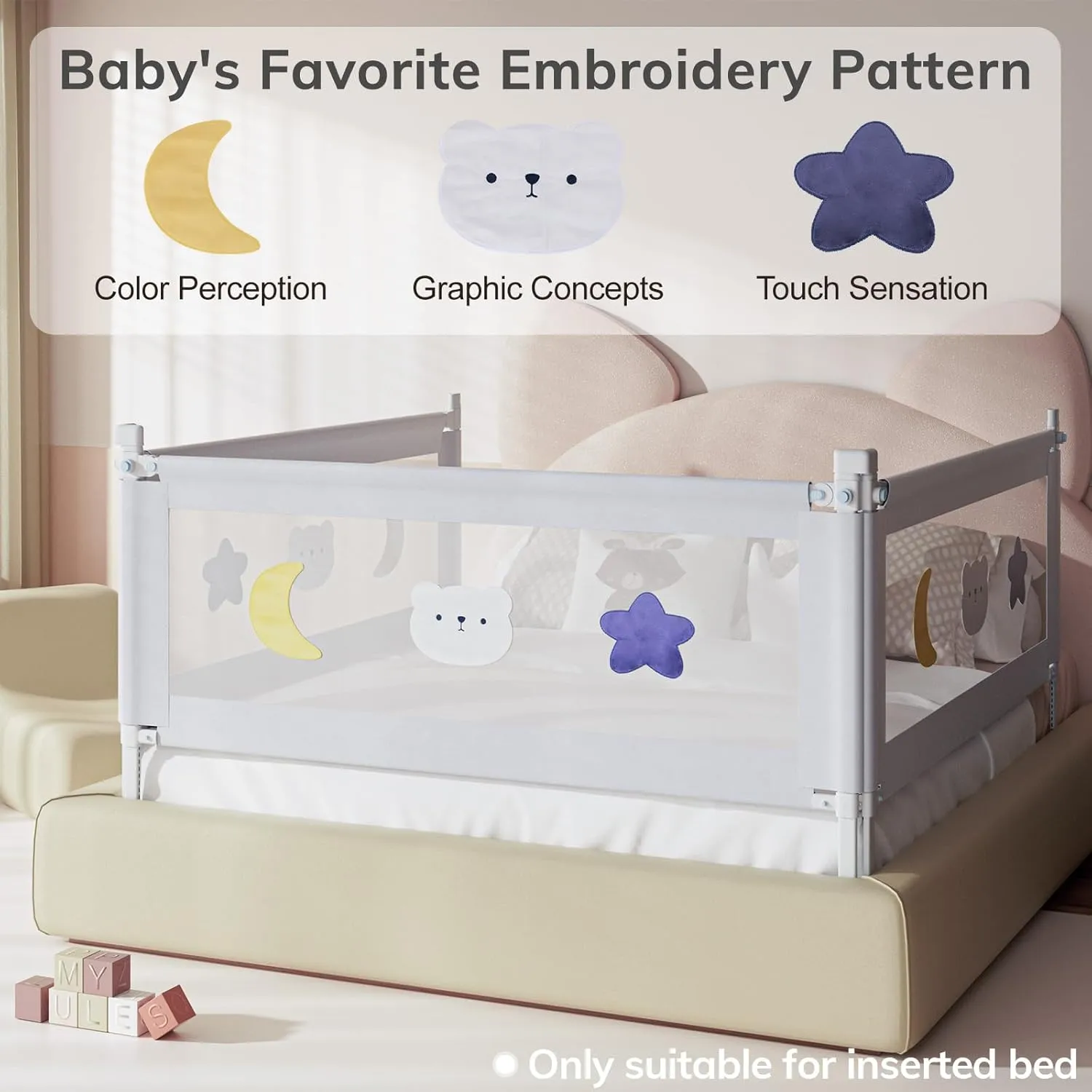 omzer Bed Rail for Toddlers - Baby Bed Guard Rail with Double Child Lock, Safety Bedrail for Children Kids with Pattern, Infants Height Adjustment Guardrail for Full Queen King Size - 1 Pack, 59”