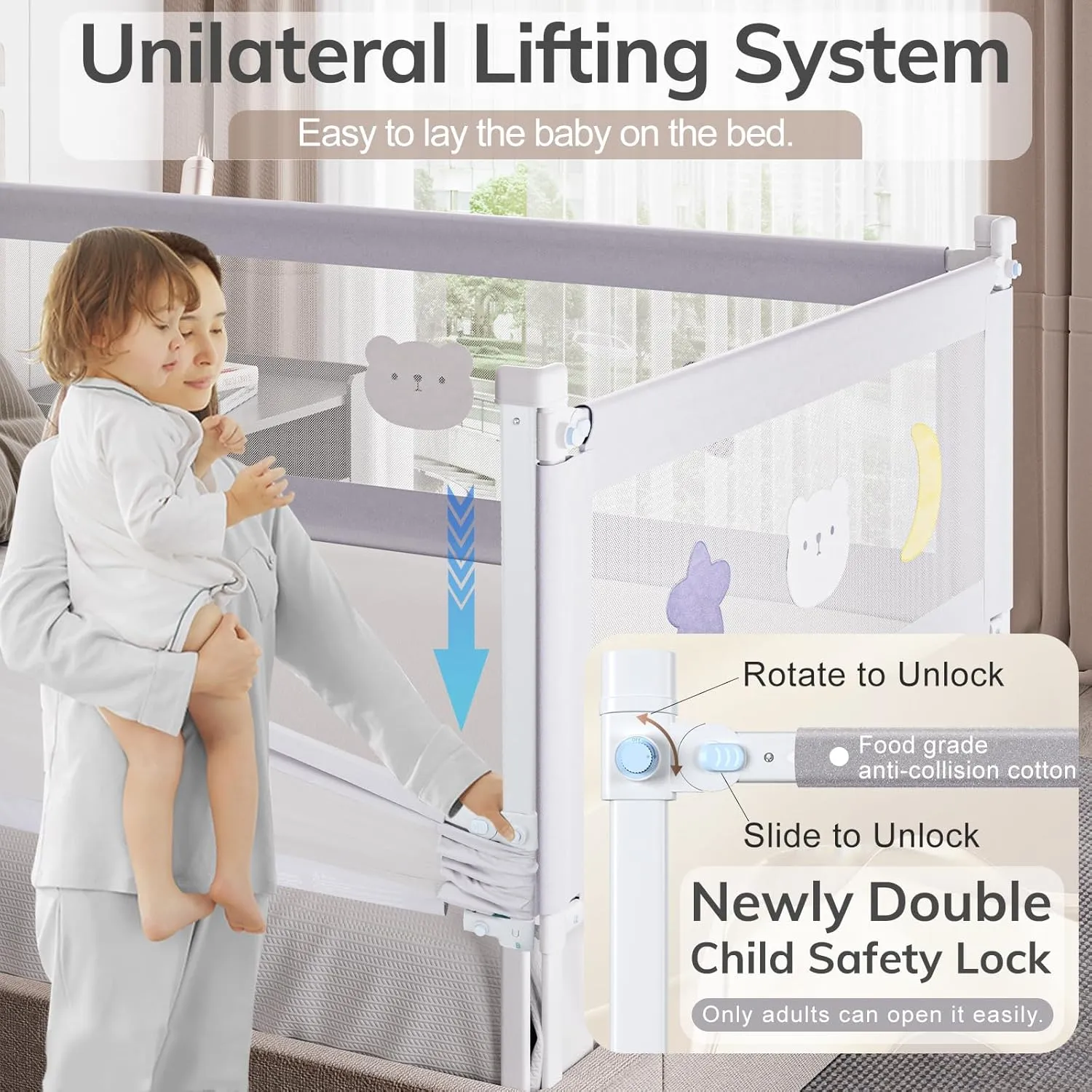 omzer Bed Rail for Toddlers - Baby Bed Guard Rail with Double Child Lock, Safety Bedrail for Children Kids with Pattern, Infants Height Adjustment Guardrail for Full Queen King Size - 1 Pack, 59”