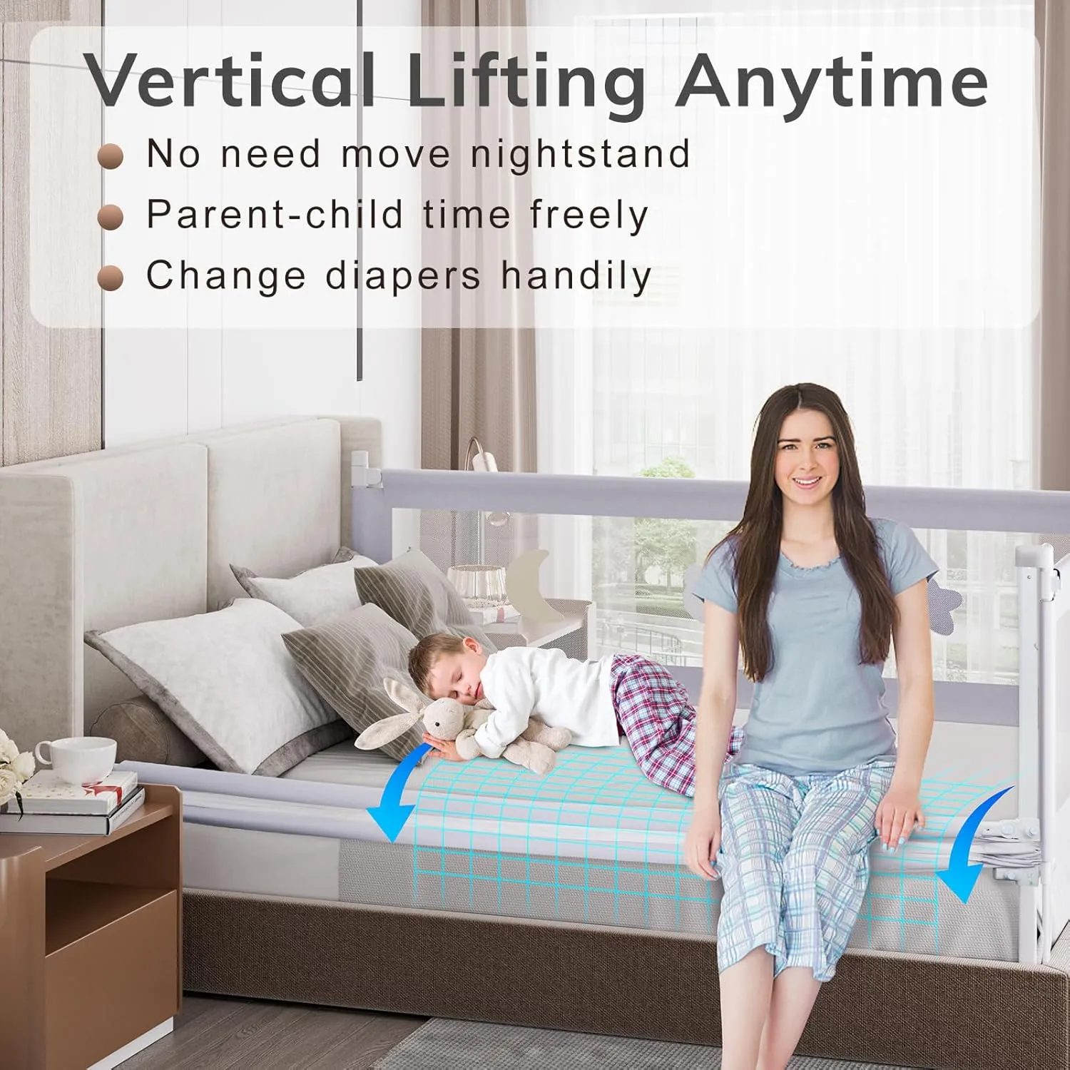 omzer Bed Rail for Toddlers - Baby Bed Guard Rail with Double Child Lock, Safety Bedrail for Children Kids with Pattern, Infants Height Adjustment Guardrail for Full Queen King Size - 1 Pack, 59”
