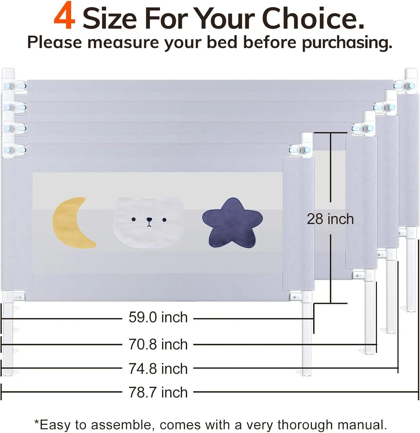 omzer Bed Rail for Toddlers - Baby Bed Guard Rail with Double Child Lock, Safety Bedrail for Children Kids with Pattern, Infants Height Adjustment Guardrail for Full Queen King Size - 1 Pack, 59”