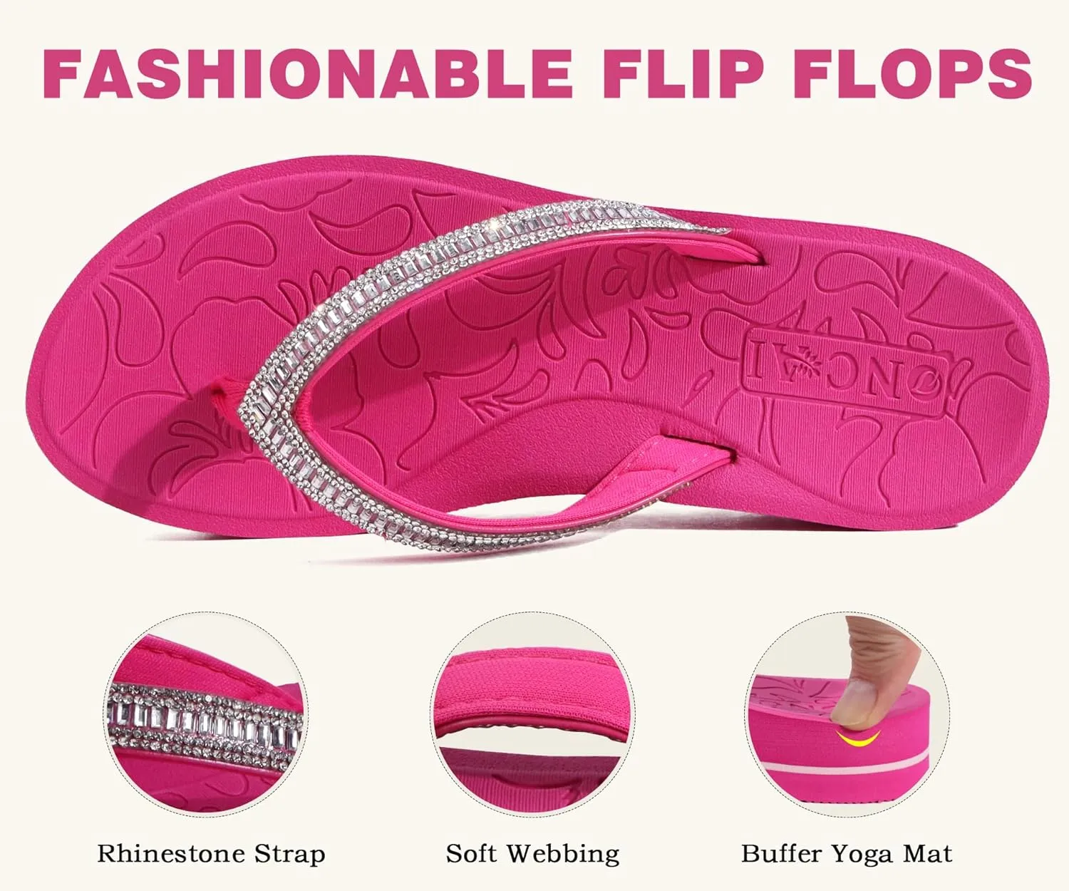 ONCAI Flip Flops for Women, Beach Thong Sandals Womens with Arch Support, Dressy Rhinestone Comfortable Yoga Mat and Non Slip Rubber Soles for Summer US Size 5-11