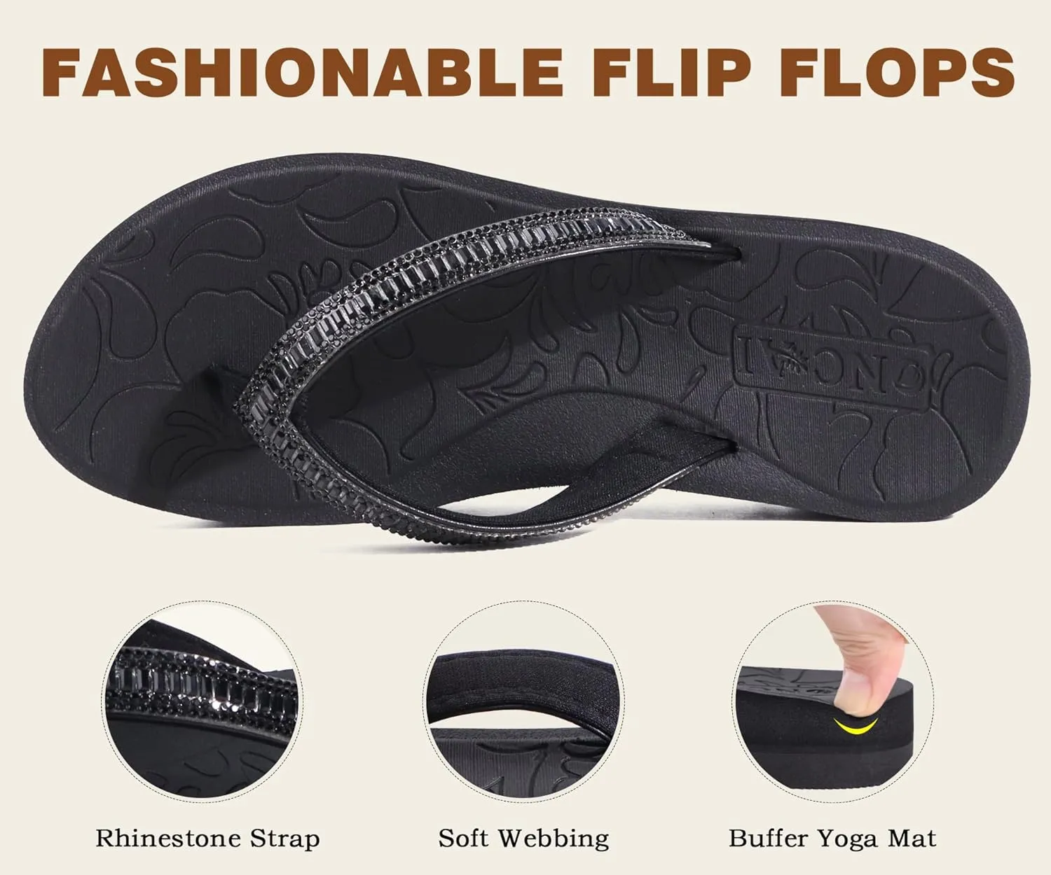 ONCAI Flip Flops for Women, Beach Thong Sandals Womens with Arch Support, Dressy Rhinestone Comfortable Yoga Mat and Non Slip Rubber Soles for Summer US Size 5-11